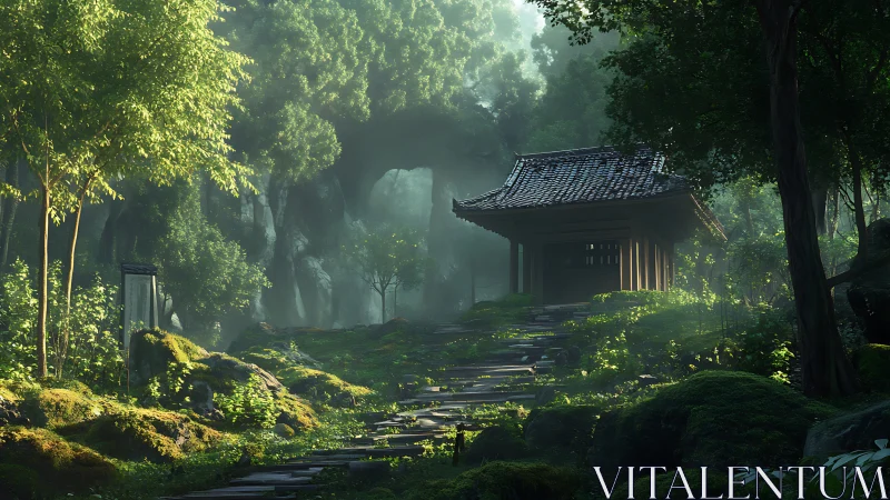 Radiant moss-temple threshold in volumetric forest lightscape.