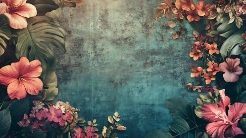 Vintage Blooms Dance on Weathered Turquoise Canvas.