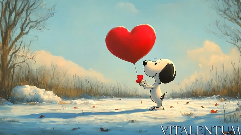 Snoopy Holding Heart Balloon in Snowy Landscape