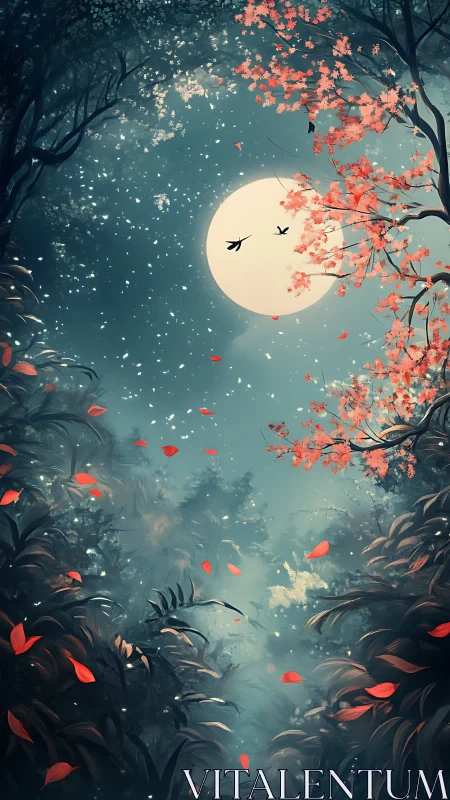Nocturnal Forest Scene with Full Moon and Flowering Trees