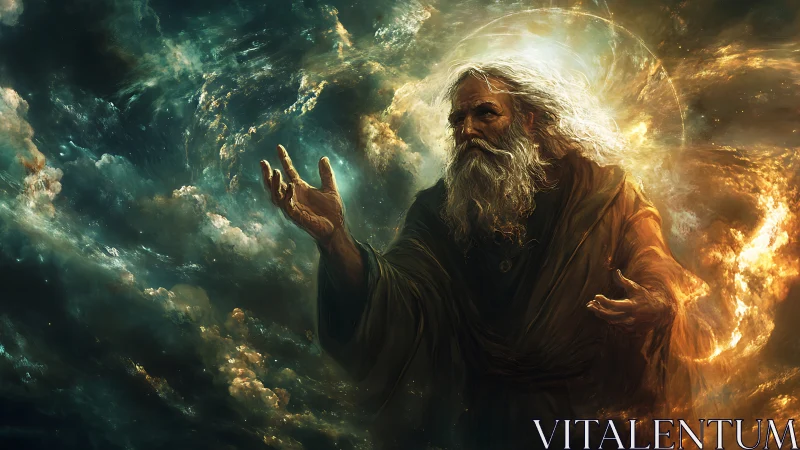 Wise cosmic wanderer shaping swirling starlit skies.