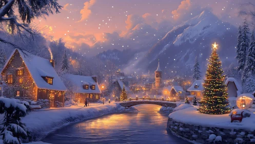 Snowy alpine village glows under warm Christmas twilight