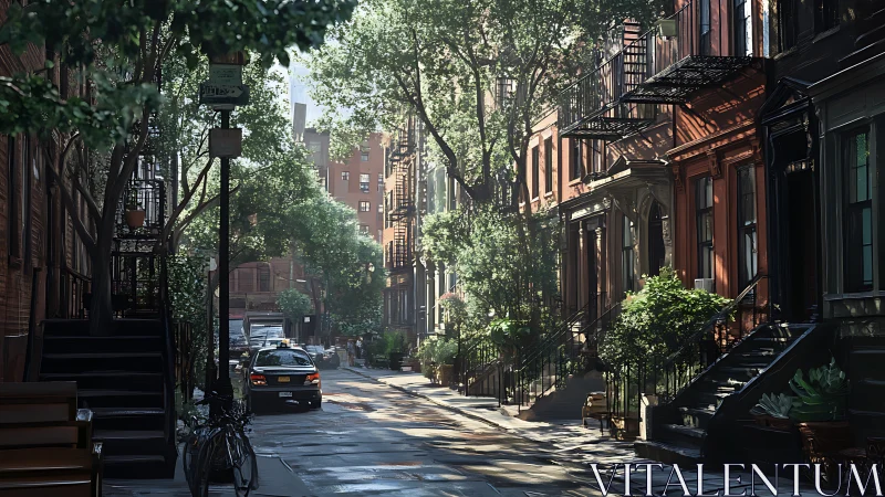 Tree lined brownstone street catches soft morning sunlight
