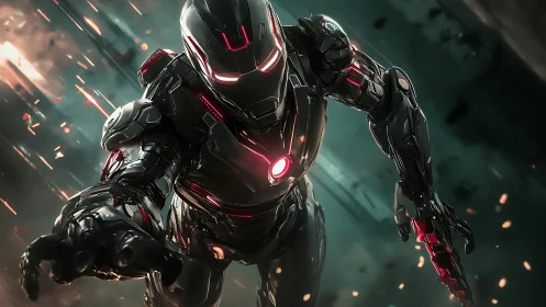 High-gloss combat exosuit in mid-air thrust, neon red accents