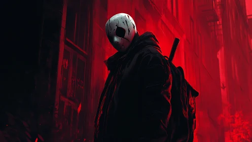 Masked dusk-walker in crimson alley fog, quietly hunting.