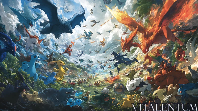 Panoramic elemental creature battle in dynamic digital tableau.