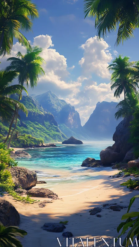 Tropical Fjord Cove: Verdant Palm Frames Luminous Seascape.
