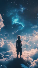 Silhouetted anime figure above clouds under starry sky.