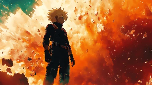 Silhouetted figure stands before large animated explosion