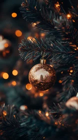 Golden bauble on evergreen branch with warm bokeh lights.