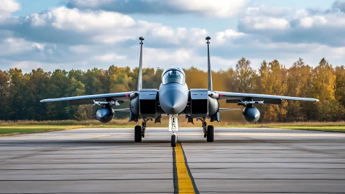 Frontline fighter jet poised on runway under autumn sky.