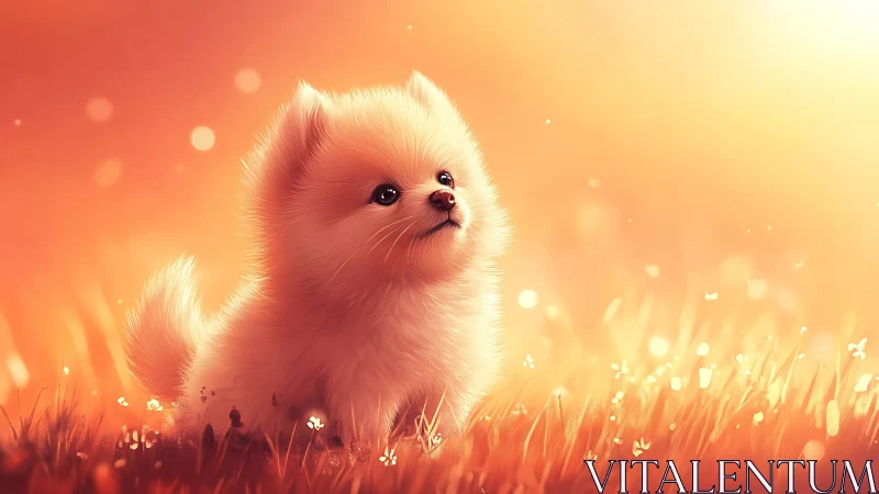 Glowing sunset fields with fluffy puppy in soft focus light.