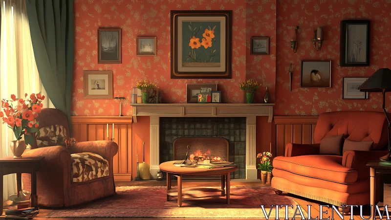 Retro living room interior with warm cinematic lighting.