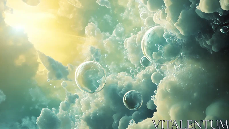 Dreamy sunlit bubbles drifting through soft celestial clouds.