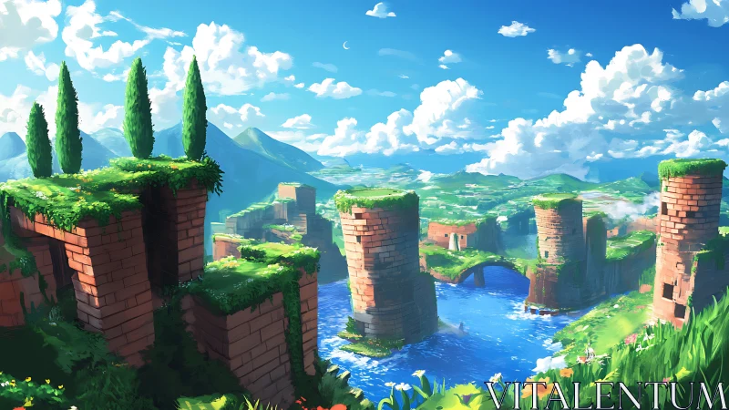 Sunlit ruined brick terraces overlook vivid blue river gorge