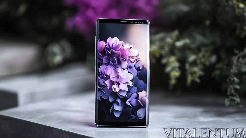 Premium smartphone displaying vibrant purple hydrangea blooms with studio lighting