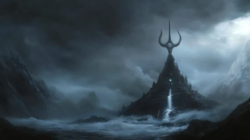 Storm-lashed pyramidal fortress with crescent spire and falls