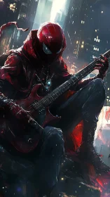 Masked urban guitarist in crimson street-hero armor.