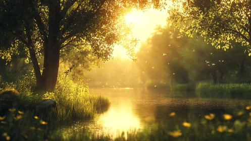 Sunlit riverside grove with golden atmospheric haze at dawn.