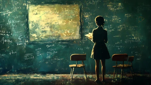 Silhouetted student stands before chalkboard with equations