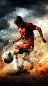 Dynamic football striker in motion with fiery particle effects.