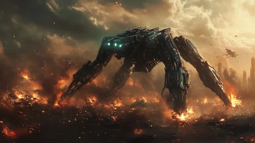 War-walker titan strides through emberlit apocalypse storm.