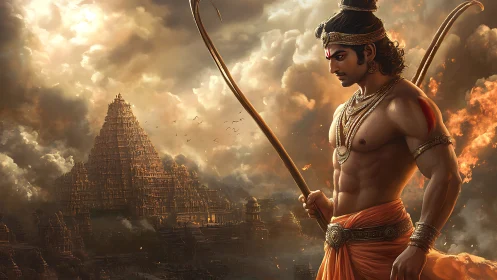 Mythic warrior with bow before vast stone temple city.