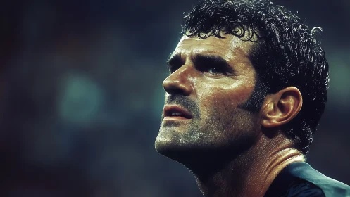 Sweat-drenched athlete in cinematic sidelight close-up portrait.