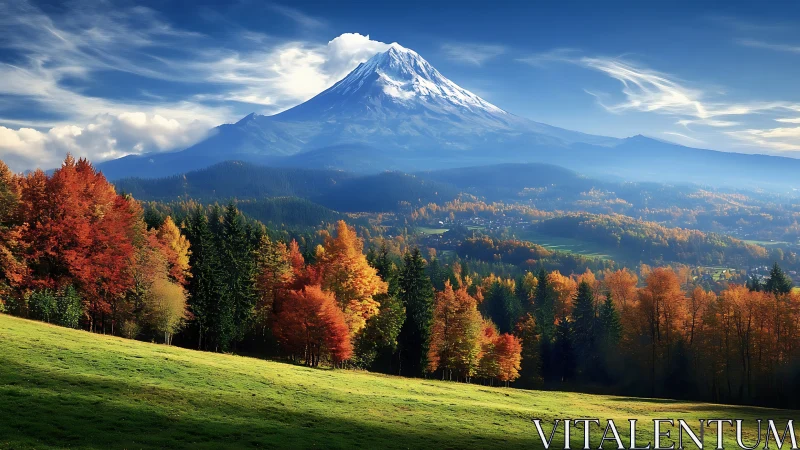 Gentle autumn valley opening toward a snow crowned mountain peak.