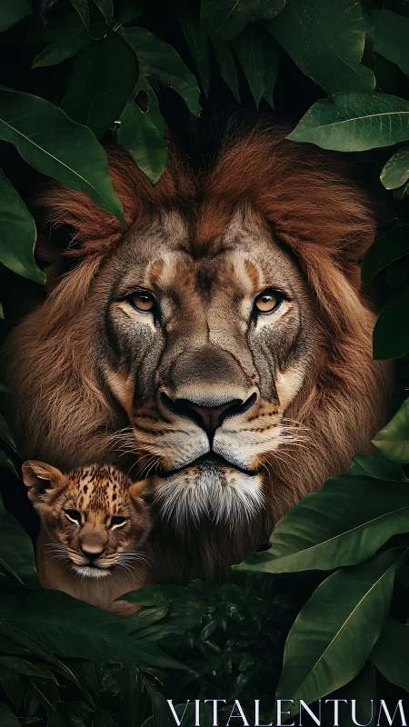 Lion and Cub Among Jungle Foliage in Portrait.