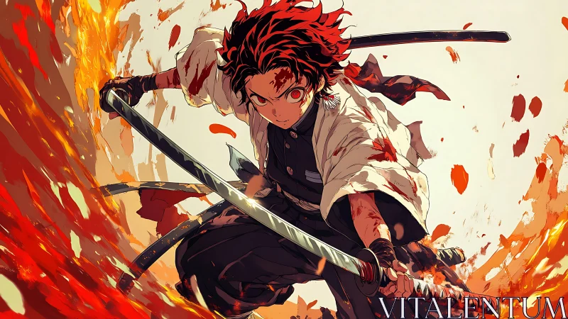 Fiery anime swordsman lunges forward in dynamic combat arc