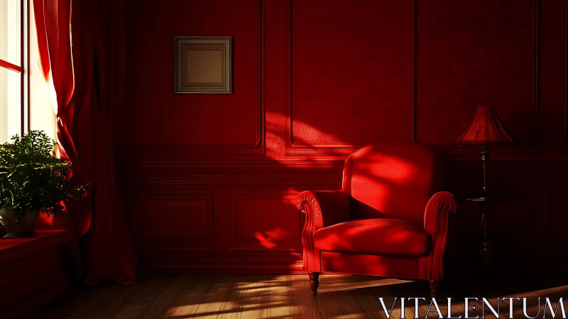Crimson armchair in sunlit monochrome interior drama.
