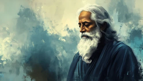 Elderly sage in contemplative silence against soft blues.