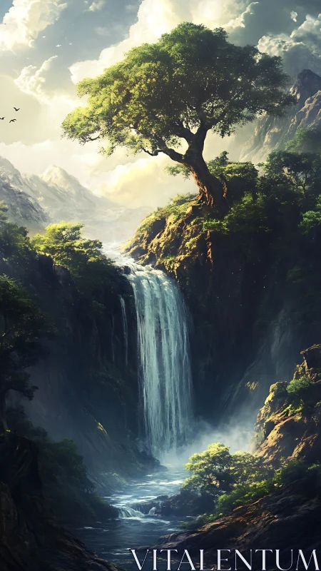 Monumental cliffside tree above cascading alpine waterfall