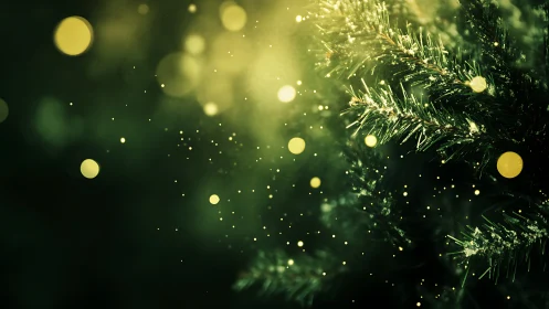 Evergreen branches glow under soft golden holiday lights