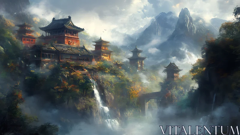 Mountain temple complex rises above mist and cascading falls