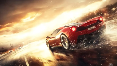 Red supercar drifts through rain-soaked highway at sunset.