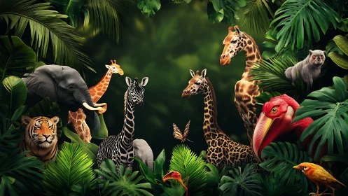 Jungle chorus of wild hearts framed in lush emerald leaves.