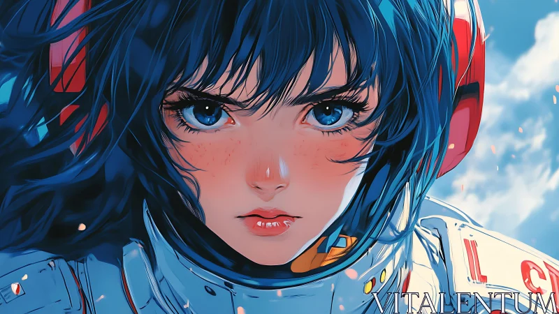Blue-haired anime astronaut portrait with intense frontal gaze