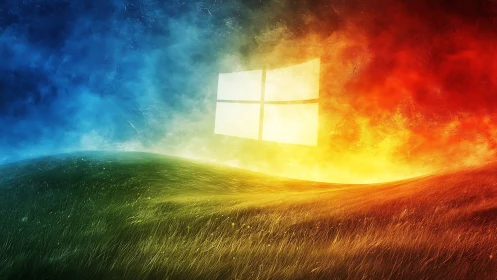 Glowing quad-window emblem over chromatic digital landscape.