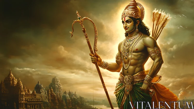 Divine warrior stands vigilant above ancient temple cityscape.