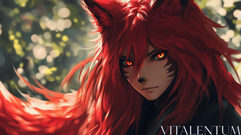 Fox-eared warrior stares through golden forest bokeh glow.