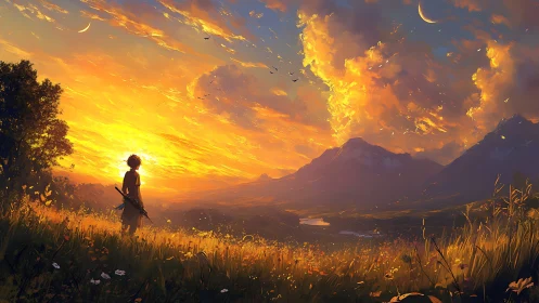 Sunlit wanderer pausing in a golden valley at twilight.