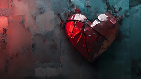 Fragmented Red Heart Form Against Atmospheric Teal and Crimson Wall Surfaces