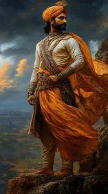 Stormlit royal guardian overlooking distant valley below.