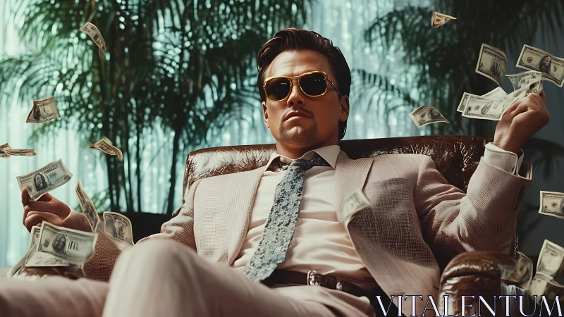 Velvet throne tycoon bathing in slow motion money storm.