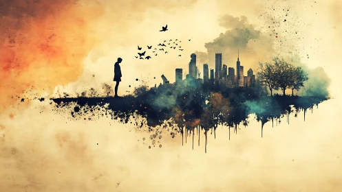 Silhouette observes ink-splatter skyline with trees and birds.