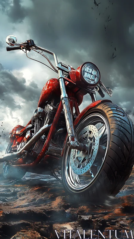 Red chopper motorcycle dominates a stormy cinematic roadscape.
