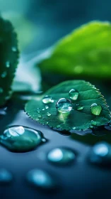 Water droplets rest sharply focused on green leaf surface