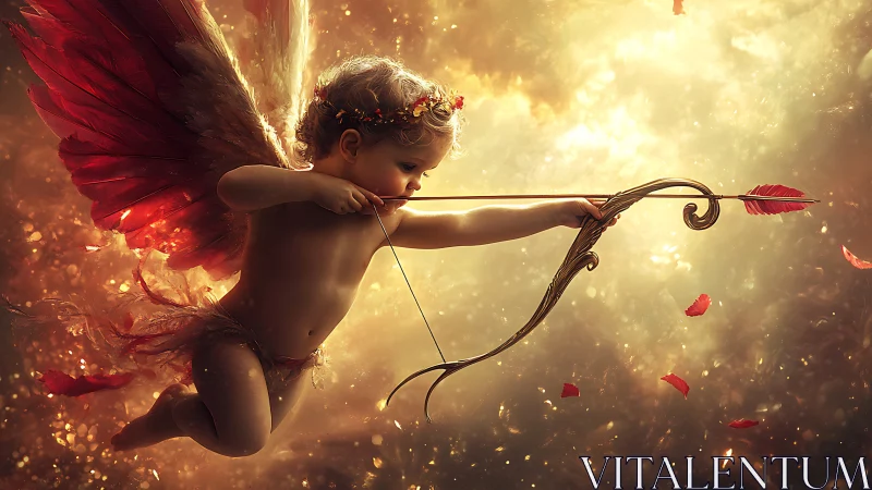 Winged cherub archer drawing ornate bow in golden light.